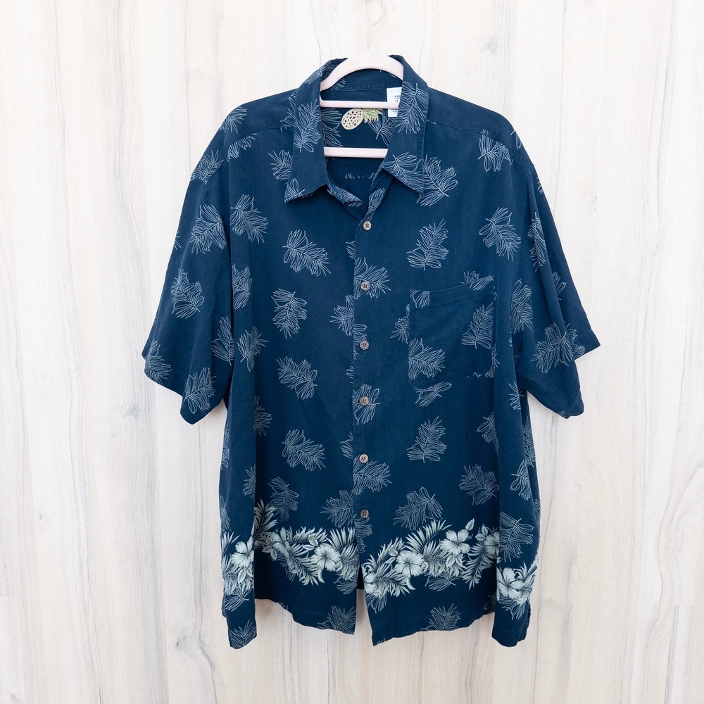 VTG Caribbean Men Silk Button Down Shirt 2X Tropical Leaf Floral Resort Coastal